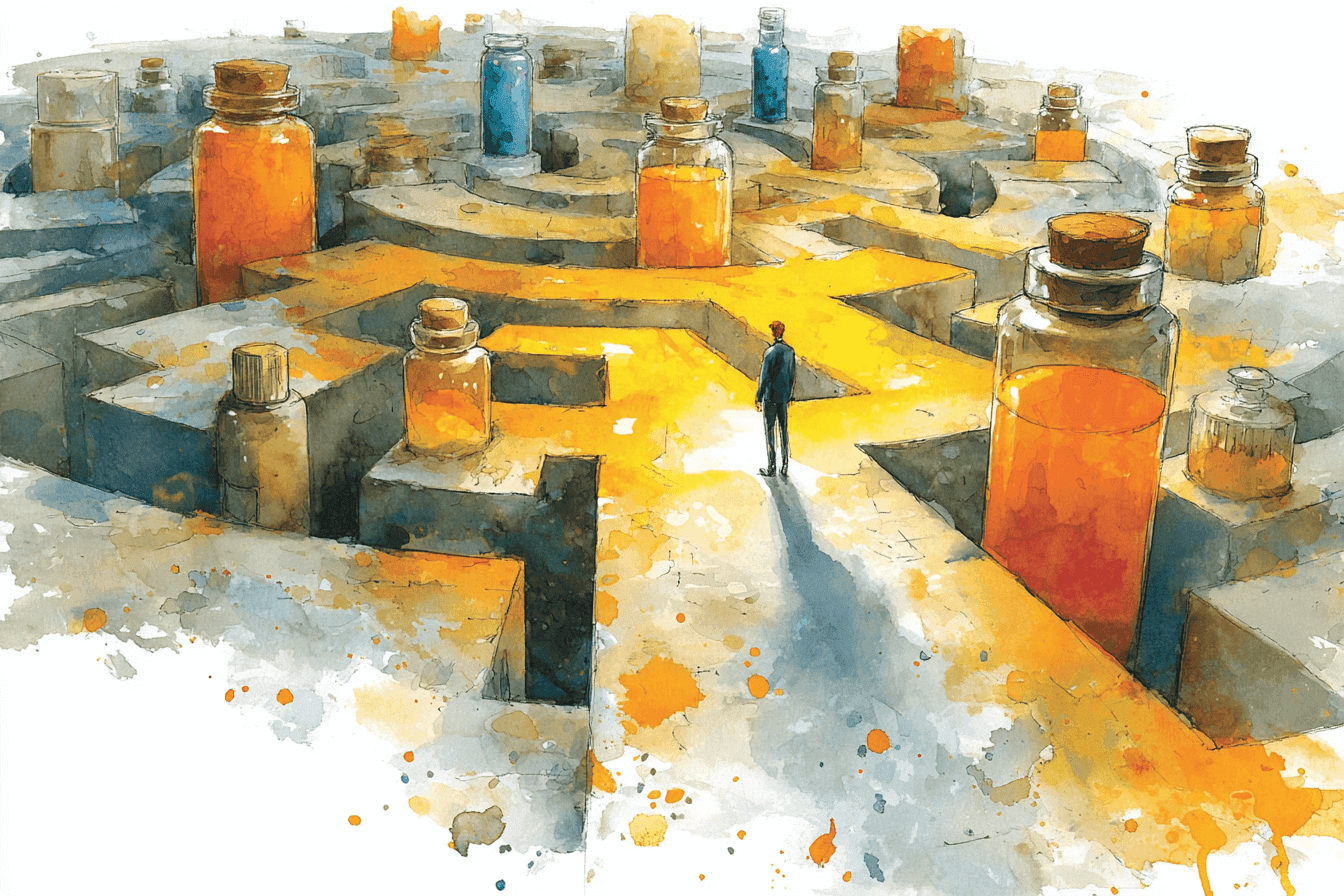 A lone figure standing in a watercolor maze of supplement bottles, representing the confusing health-optimization journey