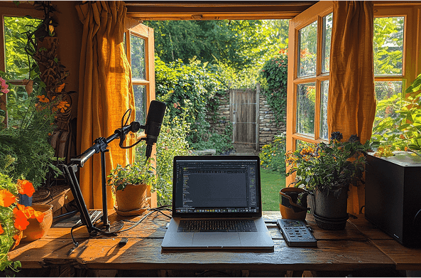 Podcast studio with microphone and nature view